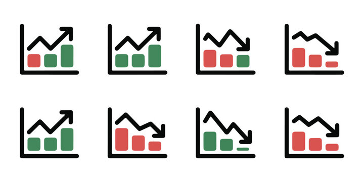 Growing and declining bar charts with red and green colors, financial trend variations vector.