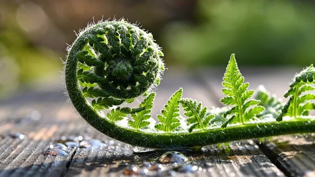 Close up macro shot of unfurling green fern frond with delicate leaves on wooden surface