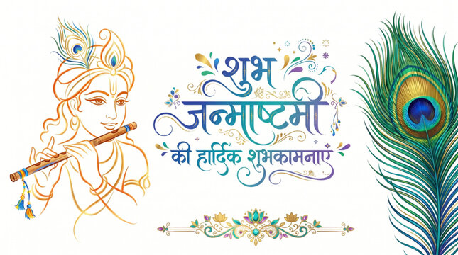 Krishna Flute Line Art with Peacock Feather and Janmashtami Greeting Typography Illustration
