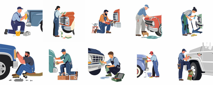 Collection of diverse people working on car detailing, maintenance, and repair, featuring mechanics and car enthusiasts cleaning and polishing vintage trucks and vehicles.