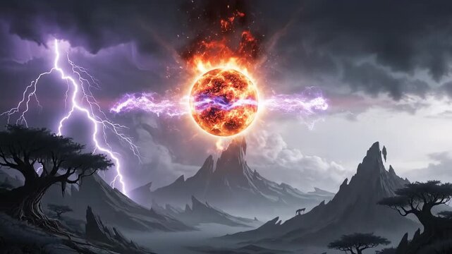 A robed figure summons energy from a fiery orb under a stormy sky