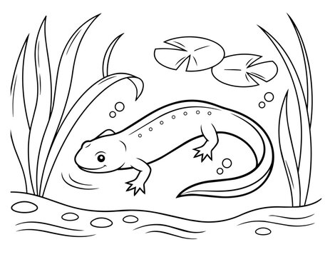 Tadpole, newt swims in a pond, kids coloring page, vector. AI