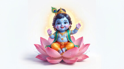 Fototapeta premium Cute Baby Krishna Sitting on Pink Lotus with Peacock Feather Crown Divine Devotional Illustration