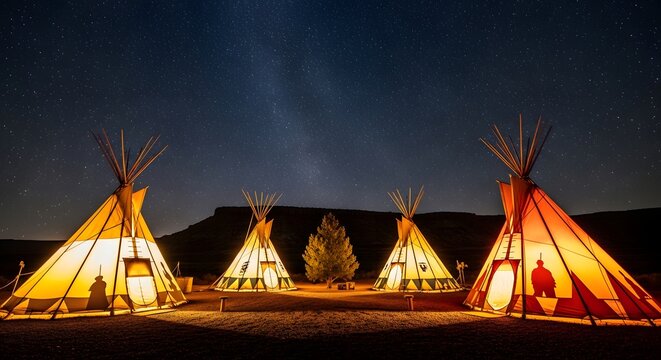 Illuminated tipis under starry night sky