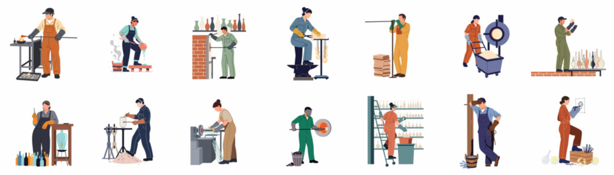Flat vector illustration showing various professional glassblowers and artisans performing different stages of the glassmaking process in a traditional workshop setting.