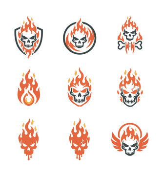Collection of nine cartoon flame and fire monster characters with expressive faces and varied designs