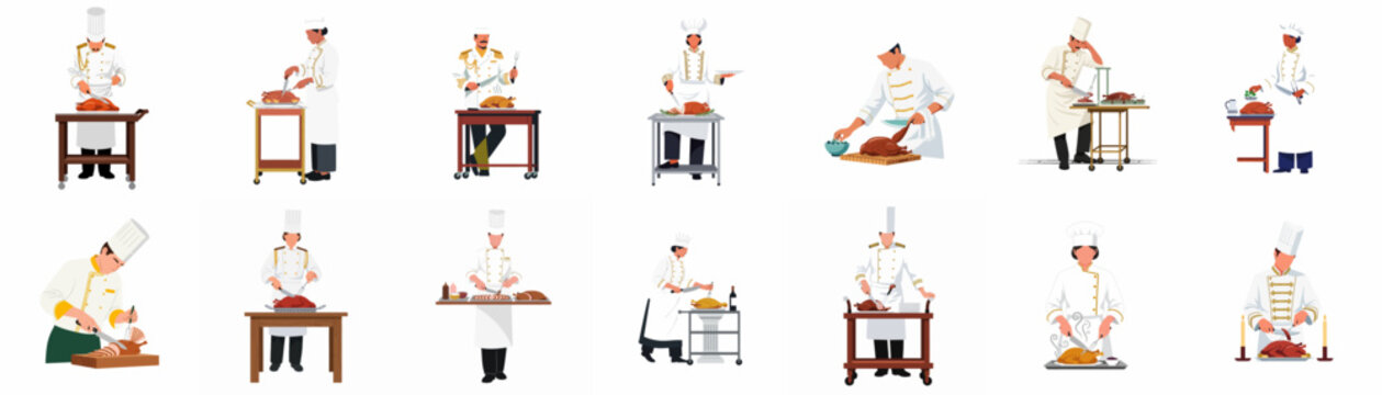 Flat vector illustration set of professional chefs in white uniforms carving and preparing roasted turkeys on serving carts and tables for special events.