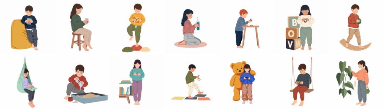 A diverse collection of children engaged in various sensory play activities, educational tasks, and developmental exercises supporting neurodiversity and focus.