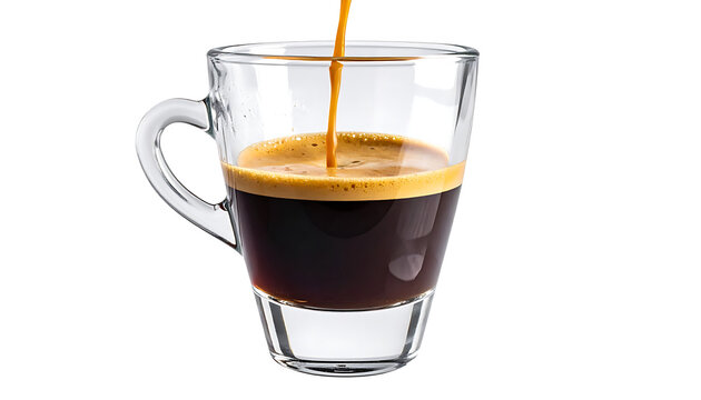 Freshly brewed espresso pouring into a clear glass mug, rich dark coffee with crema, invigorating morning beverage