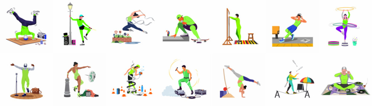 Diverse collection of urban street performers and artists in flat vector style, featuring breakdancers, musicians, jugglers, and gymnasts in vibrant green outfits.