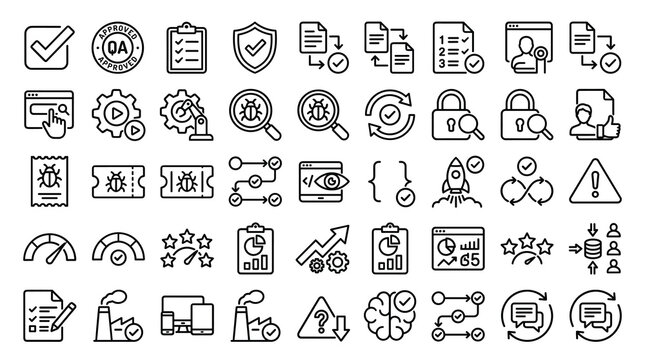 Quality assurance line icons set, software testing and bug tracking symbols, 48 vector elements for web development and app debugging
