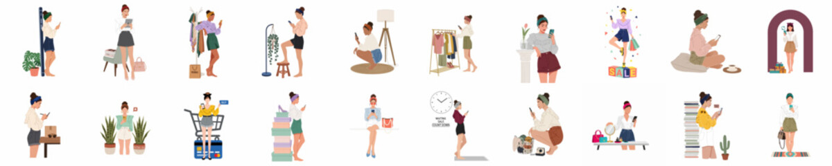 Set of 20 flat vector illustrations featuring stylish young women engaging in online shopping, fashion, and digital lifestyle activities. © Juan