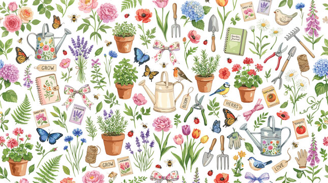Watercolor gardening seamless pattern, vintage garden tools and spring flowers background, botanical floral wallpaper with watering cans and birds
