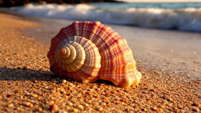 Spiral seashell resting on sandy shore with gentle waves and foamy water