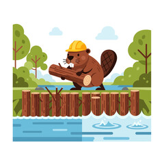 Fototapeta premium Beaver building dam, carrying log, wearing hard hat, nature, forest, water