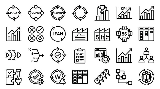 Lean manufacturing icons set, 28 business process improvement symbols, kaizen and six sigma management vector illustrations, industrial efficiency line art
