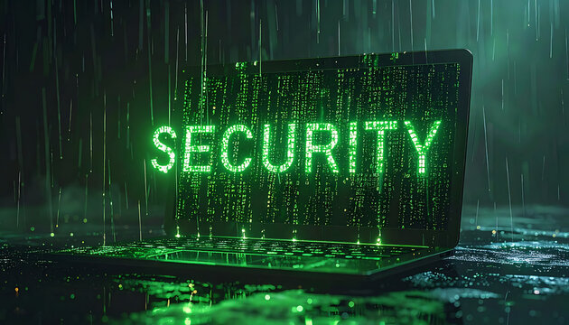 Glowing green security text on laptop screen with digital rain effect, cybersecurity concept
