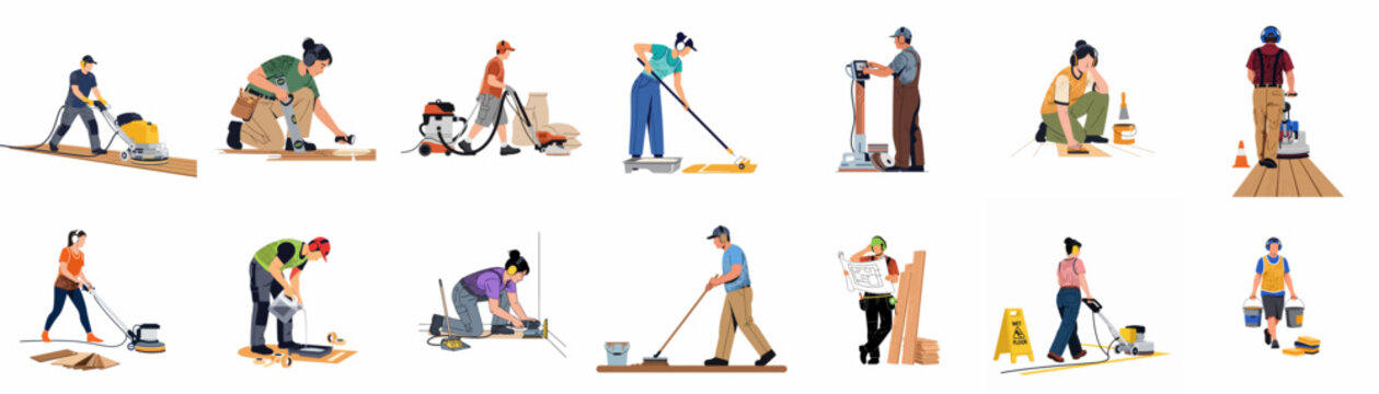 Set of flat illustrations showing various workers installing, sanding, cleaning, and maintaining wooden floors with professional tools and equipment on white background.