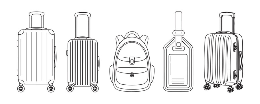 Line art suitcase backpack and luggage tag collection for travel and transportation illustrations on transparent.