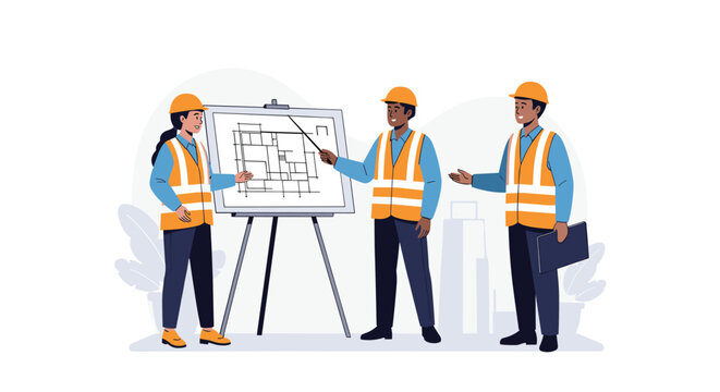 Diverse team of professional engineers in safety vests and helmets discussing a detailed floor plan blueprint in a modern office setting.