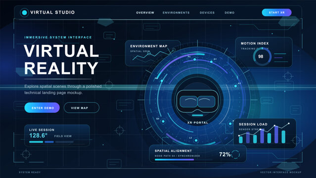 Virtual reality dashboard interface with futuristic HUD layout