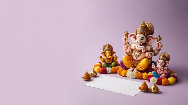 Statue of Lord Ganesha with smaller idols, floral garlands, and offerings on a purple background