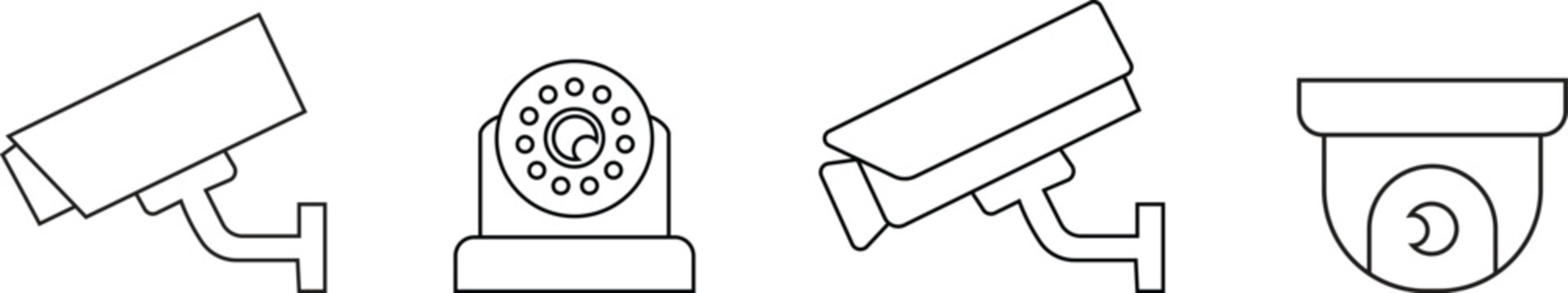Security camera icons set in black line style. CCTV surveillance camera silhouette on a wall mount for property protection, safety UI and monitoring systems vectors isolated on transparent background.