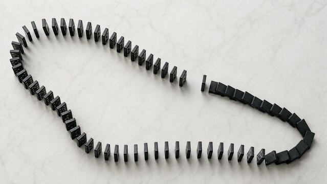 Chain of dominoes with one missing piece, halting the cascade from above.