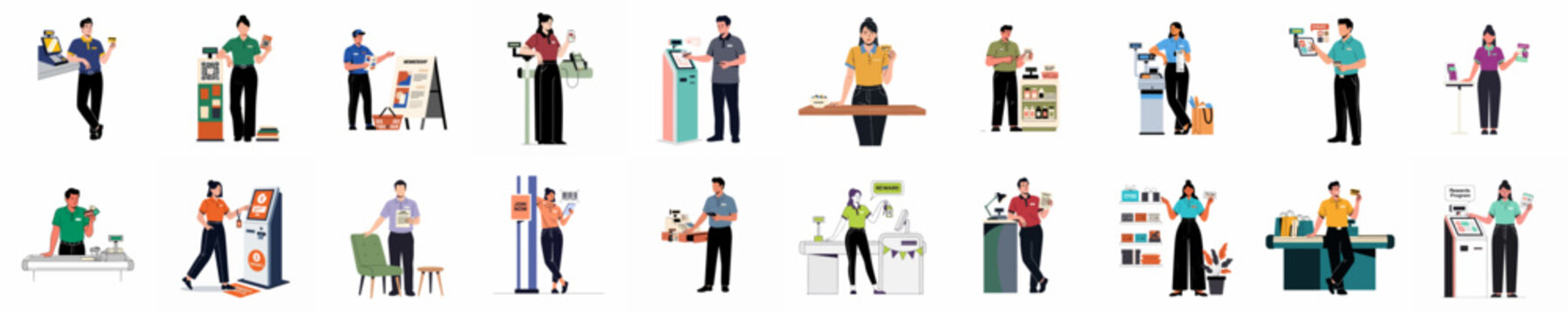 Flat vector illustration set of retail staff assisting customers with loyalty programs, rewards, payments, and checkout at various service points.
