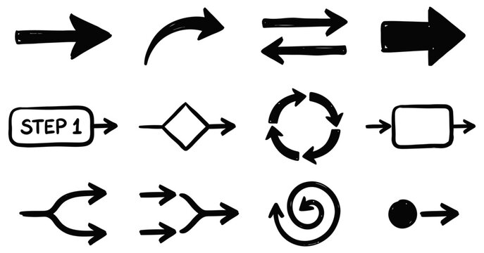 Hand drawn arrow icons and flowchart elements for presentations and diagrams