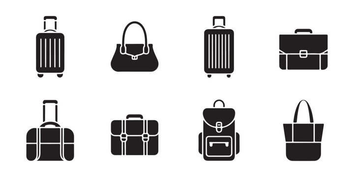 Travel luggage and accessory icon set featuring various suitcases handbags backpacks for vacation trip plans.