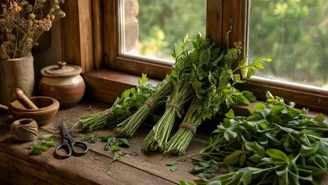 Rustic kitchen windowsill with bundles of drying lovage herbs on a wooden surface in soft afternoon light.