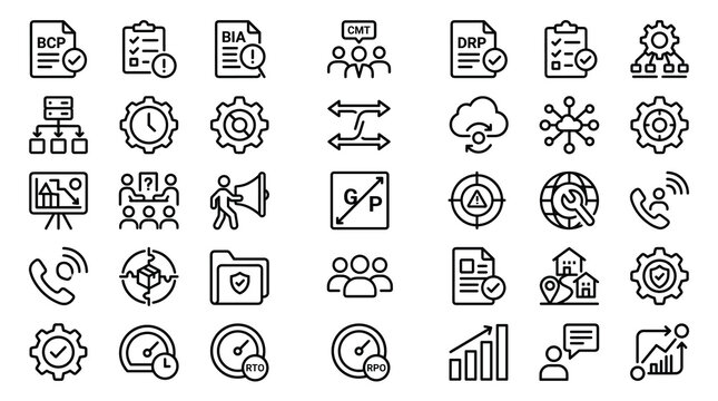 Business continuity planning icons, 35 disaster recovery line symbols. Risk management and BCP strategy vector set for corporate security.
