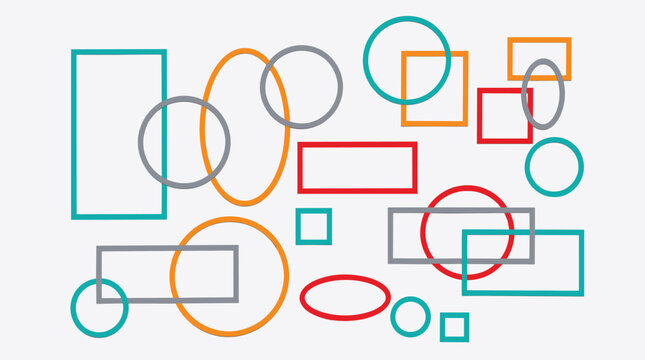 Minimalist geometric shapes collection, colorful outline circles and rectangles vector set, abstract linear frame elements for modern graphic design