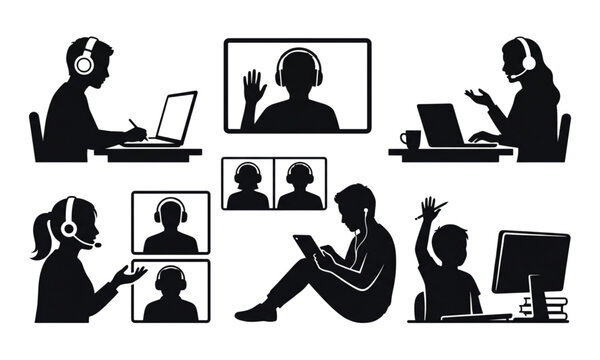Six headphones video call learning silhouettes vector set on white background