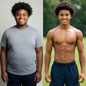 Male fitness progress comparison demonstrating reduction in body fat increased muscle definition and dedication to healthier living