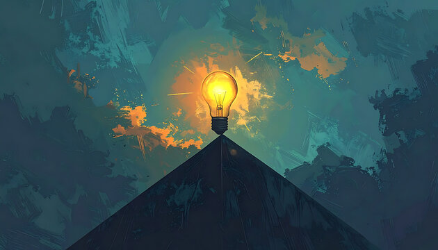 Glowing lightbulb on pyramid peak against textured sky with pixelated clouds and sparks, symbolizing innovation and breakthrough