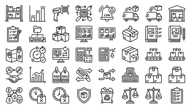 Inventory management line icons set, warehouse logistics and supply chain symbols, 40 outline vector elements for business distribution and storage
