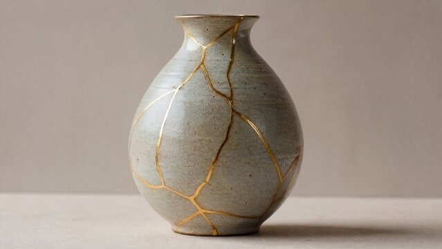 Shattered ceramic vase repaired with golden lacquer, kintsugi art on simple background.