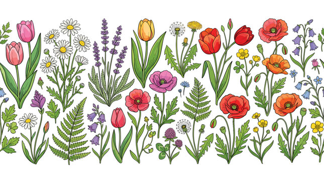 Floral seamless border with colorful spring wildflowers, botanical garden flower pattern vector, hand drawn meadow plants on white background