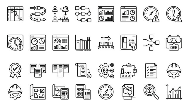 Industrial manufacturing line icons set, factory production process and OEE management symbols, 32 black outline vector icons for business dashboard