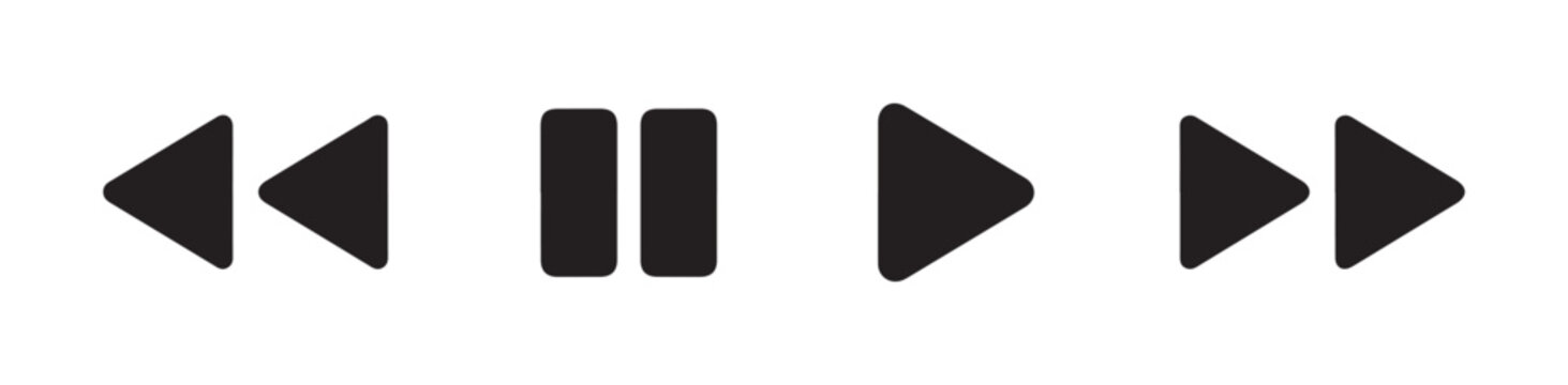 Horizontal row of media player navigation buttons showing rewind pause play and fast forward symbols black.