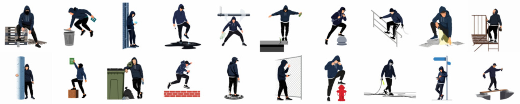 Vector set of illustrations featuring a man in a hoodie engaged in various urban street activities, including graffiti, climbing, and exploring.