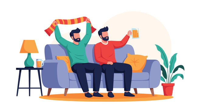 Enthusiastic sports fans cheer on their favorite team while sitting on a comfortable sofa with drinks and team scarves.