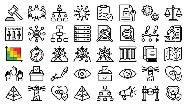 Corporate governance and compliance line icons set, 40 business ethics and risk management vector symbols, legal regulation and policy outline elements