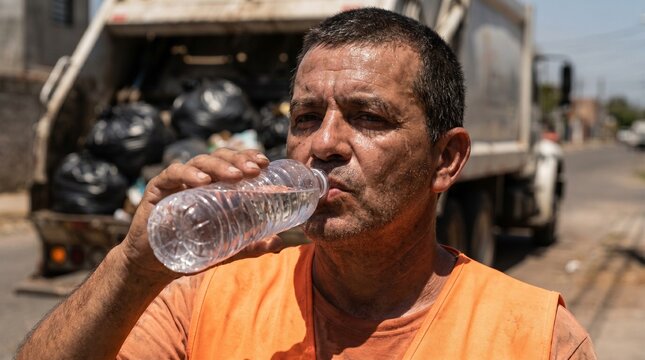  Exhausted sanitation worker drinking water from a plastic bottle during an extreme summer heatwave, standing in front of a garbage truck
