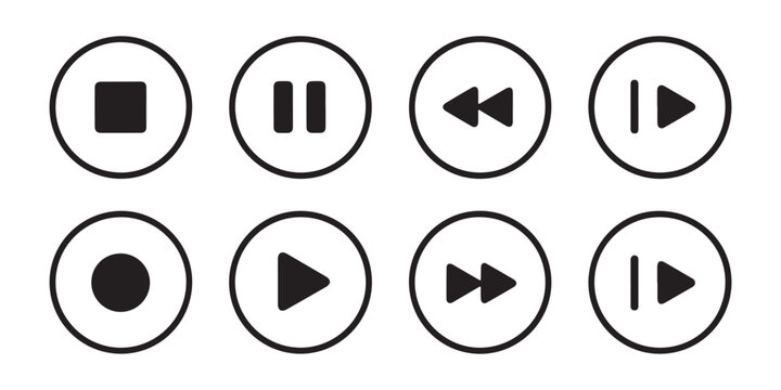 Circular media control icons collection with play stop record pause fast forward and rewind button symbols.