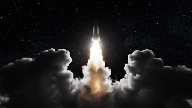 A rocket launching into the night sky, amidst a sea of clouds and countless stars