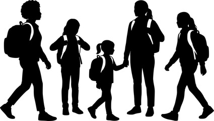 Fototapeta premium Five black female silhouettes walking and standing with backpacks woman girl 