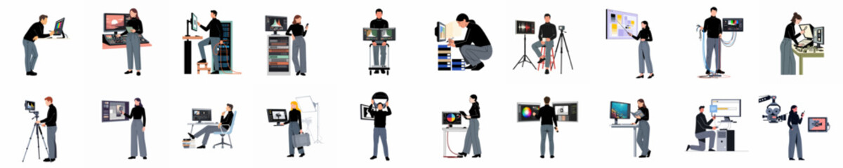Diverse collection of professional video production and digital content creation characters working with modern equipment and software in flat vector style. © Juan